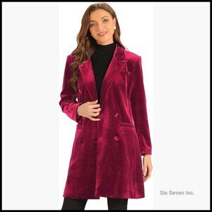 Velvet Double-Breasted Pea Coat with Lapel, Long Sleeve Overcoat